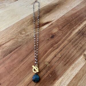 Vintage Gray Labradorite Pendant Necklace with Gold Toggle, Gemstone Chain